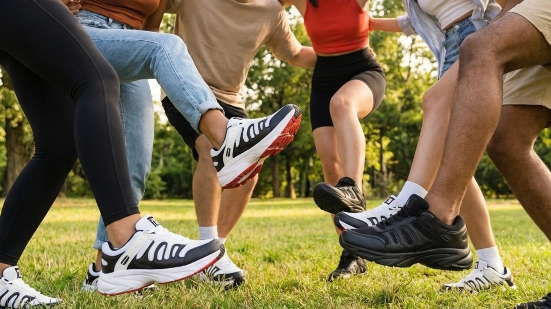 Group of people running outdoors with a focus on their T-Lo Tunez shoes.