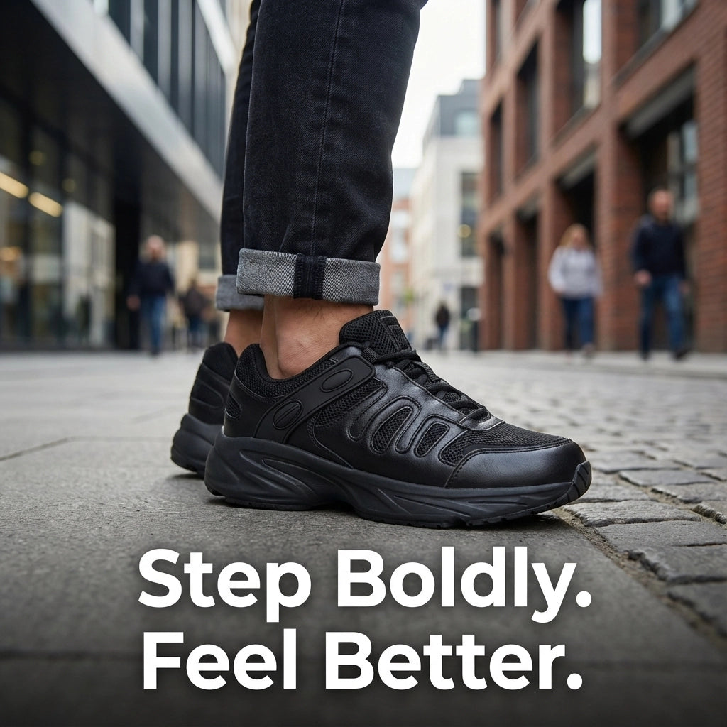 Person wearing black sneakers on a city street with text 'Step Boldly. Feel Better.'