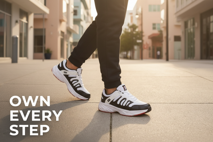 Person wearing black and white running shoes on a city street with 'Own Every Step' text.
