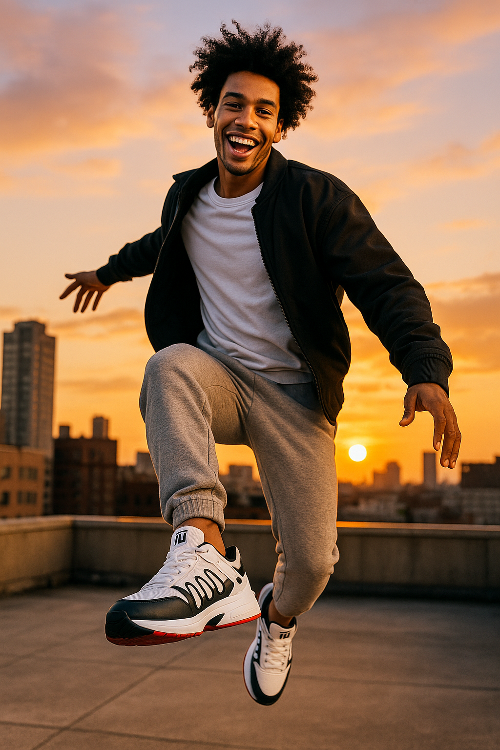 Man jumping joyfully on a rooftop with a cityscape and sunset in the background
